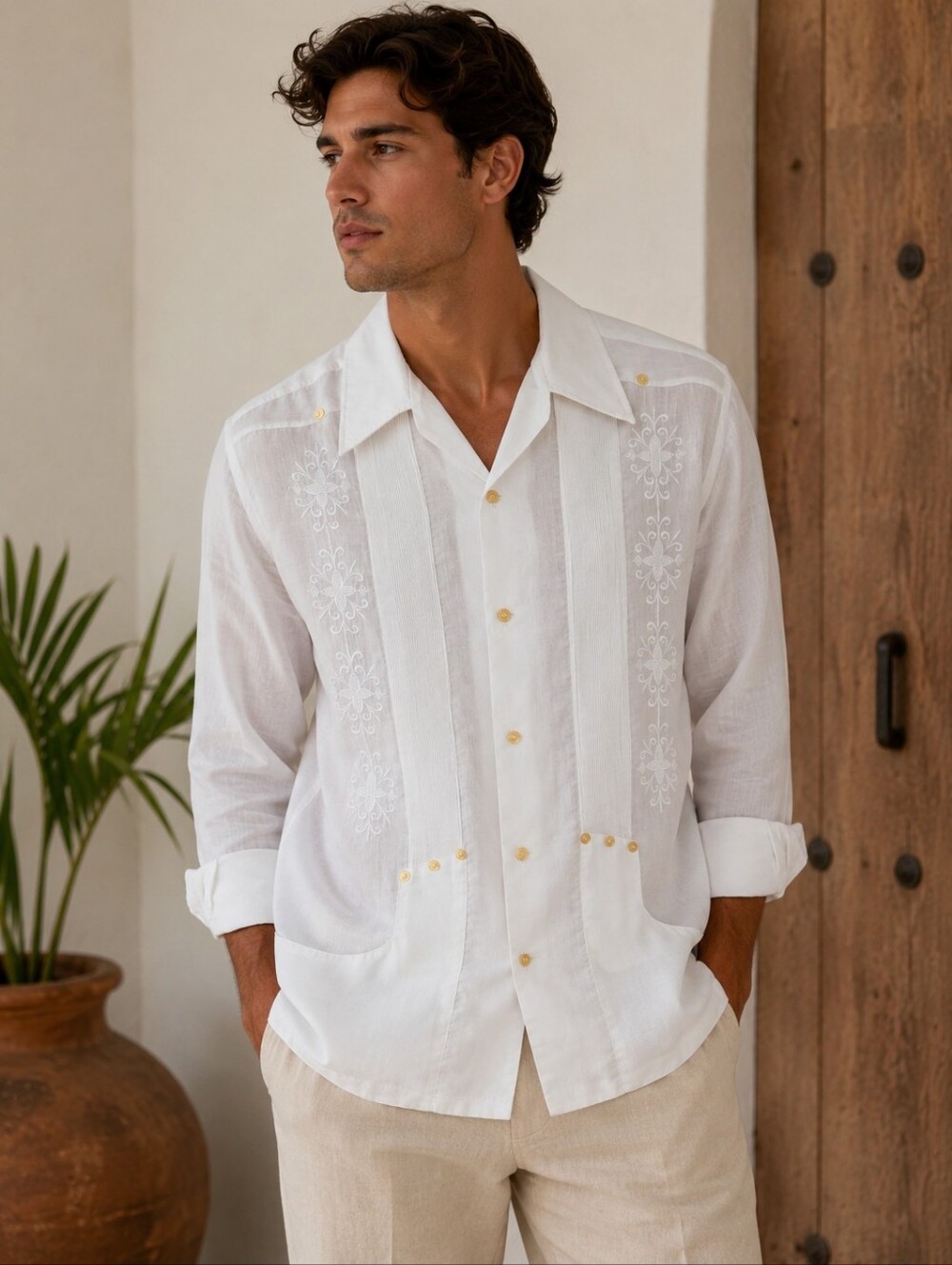 Vintage Maya Sport White Embroidered Guayabera Shirt Men's Medium (40 Mexico)